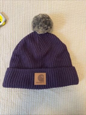 Carhartt fleece lined Knit Pom Beanie - Deep Purple with Gray Pom